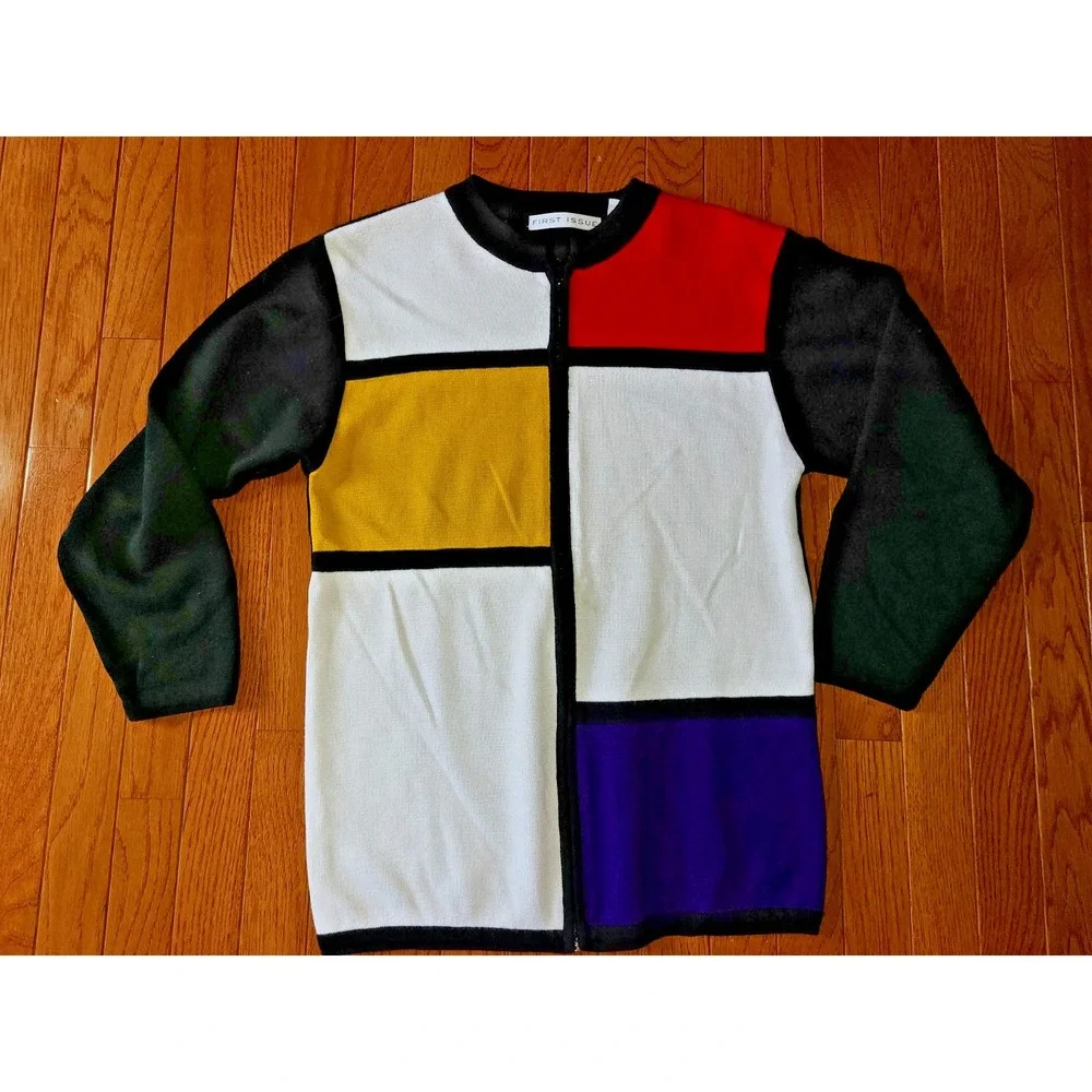 80s First Issue Womens Sz S Multicolor Block Stripe Zip Up Cardigan Sweater‎